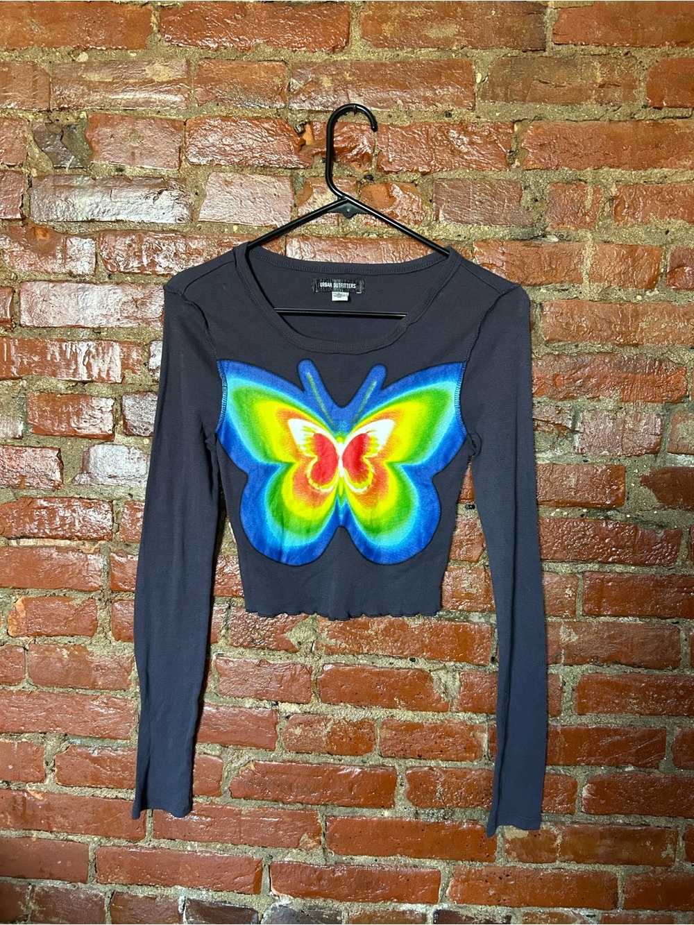 Long-Sleeve Black Crop w/ Rainbow Butterfly